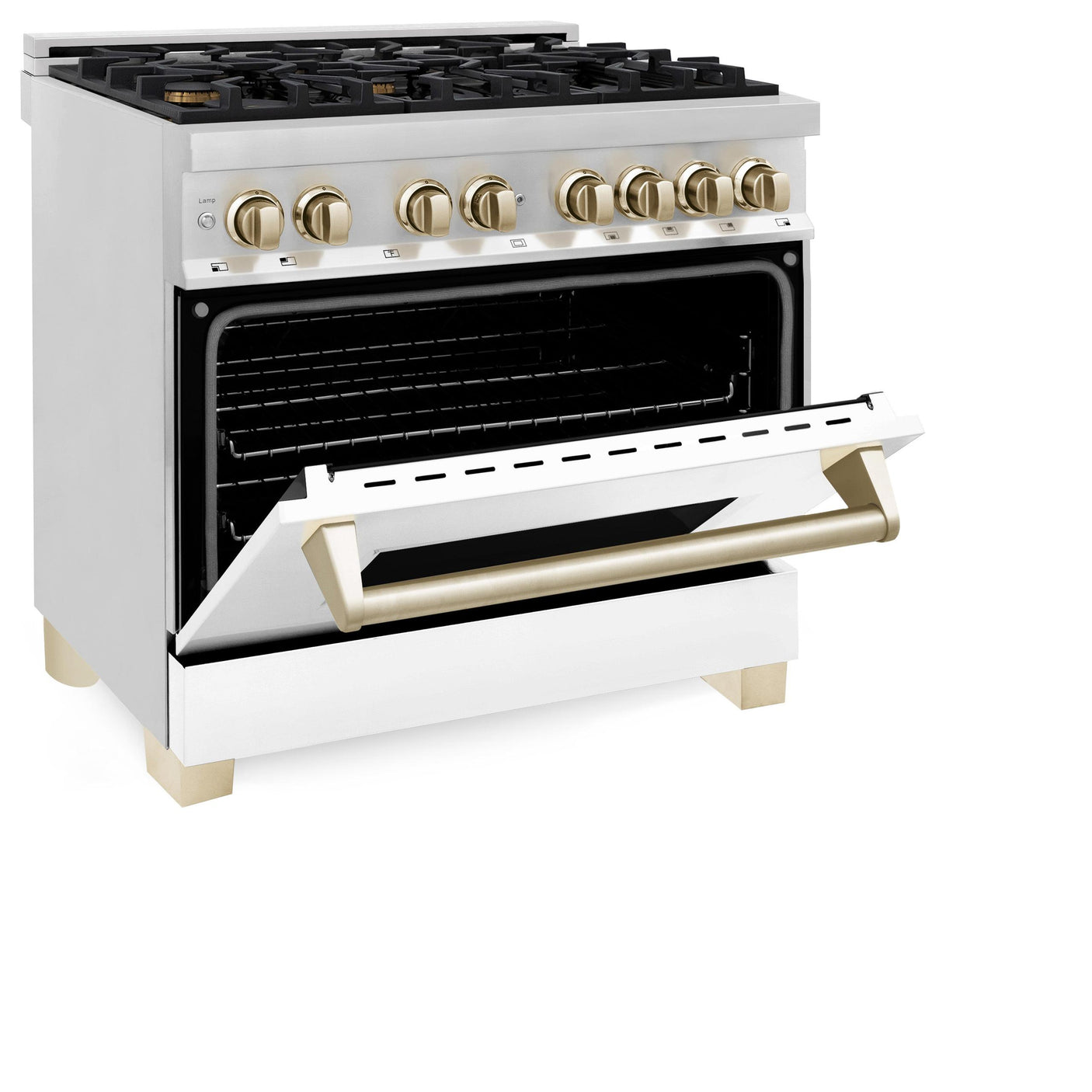 ZLINE Autograph Edition 36" 4.6 cu. ft. Dual Fuel Range with Gas Stove and Electric Oven in Stainless Steel with White Matte Door and Accents (RAZ-WM-36) [Color: Polished Gold Accents]