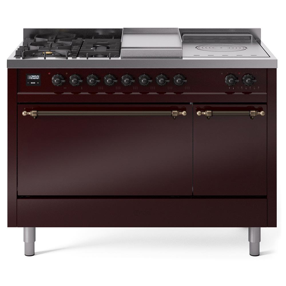 ILVE Nostalgie II 48 UP48FSQNMPBUB Freestanding Dual Fuel Range with 5 Sealed Burners Yes and French Top Double Oven with Solid Door in Burgundy with Bronze knobs