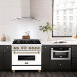 ZLINE 36" 4.6 cu. ft. Range with Gas Stove and Gas Oven in DuraSnow® Stainless Steel with White Matte Door and Accents (RGSZ-WM-36) [Accent: Champagne Bronze]