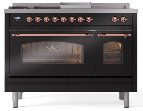 Nostalgie II 48 Inch Dual Fuel Liquid Propane Freestanding Range in Glossy Black with Copper Trim