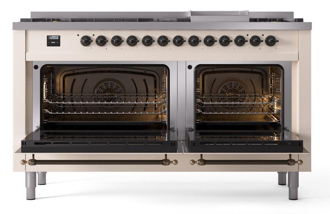 Nostalgie II 60 Inch Dual Fuel Natural Gas Freestanding Range in Antique White with Bronze Trim