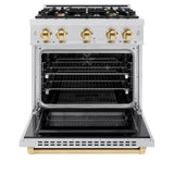 ZLINE Autograph Edition 30 in. 4.2 cu. ft. Select Dual Fuel Range with 4 Burner Gas Cooktop and Electric Convection Oven in DuraSnow' Stainless Steel with Polished Gold Accents (HDRSZ-30-G)