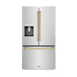 ZLINE Autograph Edition 36 in. 28.9 cu. ft. Standard-Depth French Door External Water Dispenser Refrigerator with Dual Ice Maker in Fingerprint Resistant Stainless Steel and Polished Gold Traditional Handles (RSMZ-W-36-G)