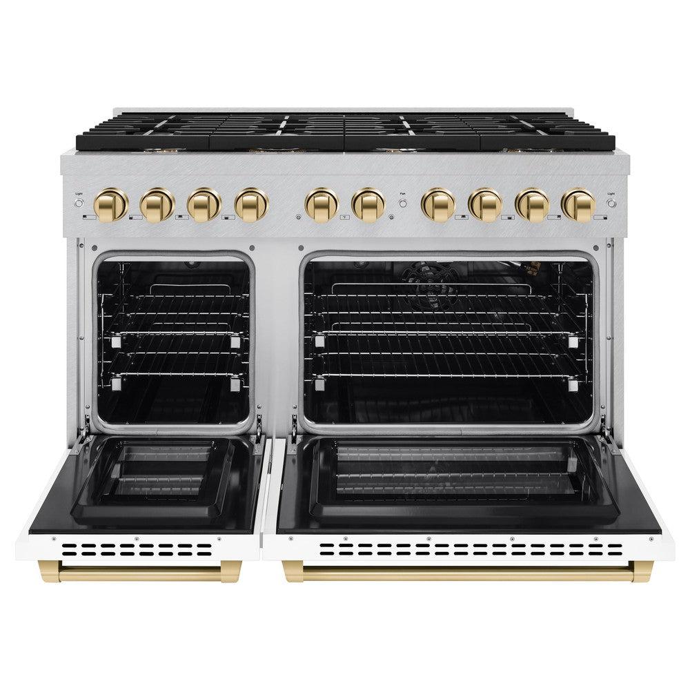 ZLINE Autograph Edition 48 in. 6.7 cu. ft. Paramount Double Oven Dual Fuel Range with 8 Burner Gas Cooktop in DuraSnow' Stainless Steel with White Matte Doors and Polished Gold Accents (SDRSZ-WM-48-G)