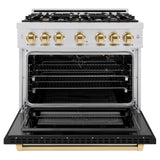 ZLINE Autograph Edition 36 in. 5.2 cu. ft. Select Gas Range with 6 Burner Cooktop and Convection Gas Oven in Stainless Steel with Black Matte Door and Polished Gold Accents (HGRZ-BLM-36-G)