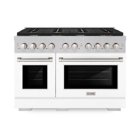 ZLINE 48 in. 6.7 cu. ft. Paramount Double Oven Dual Fuel Range with 8 Burner Gas Cooktop in DuraSnow' Stainless Steel with White Matte Doors (SDRS-WM-48)