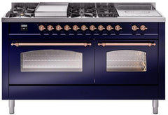 Nostalgie II 60 Inch Dual Fuel Liquid Propane Freestanding Range in Blue with Copper Trim