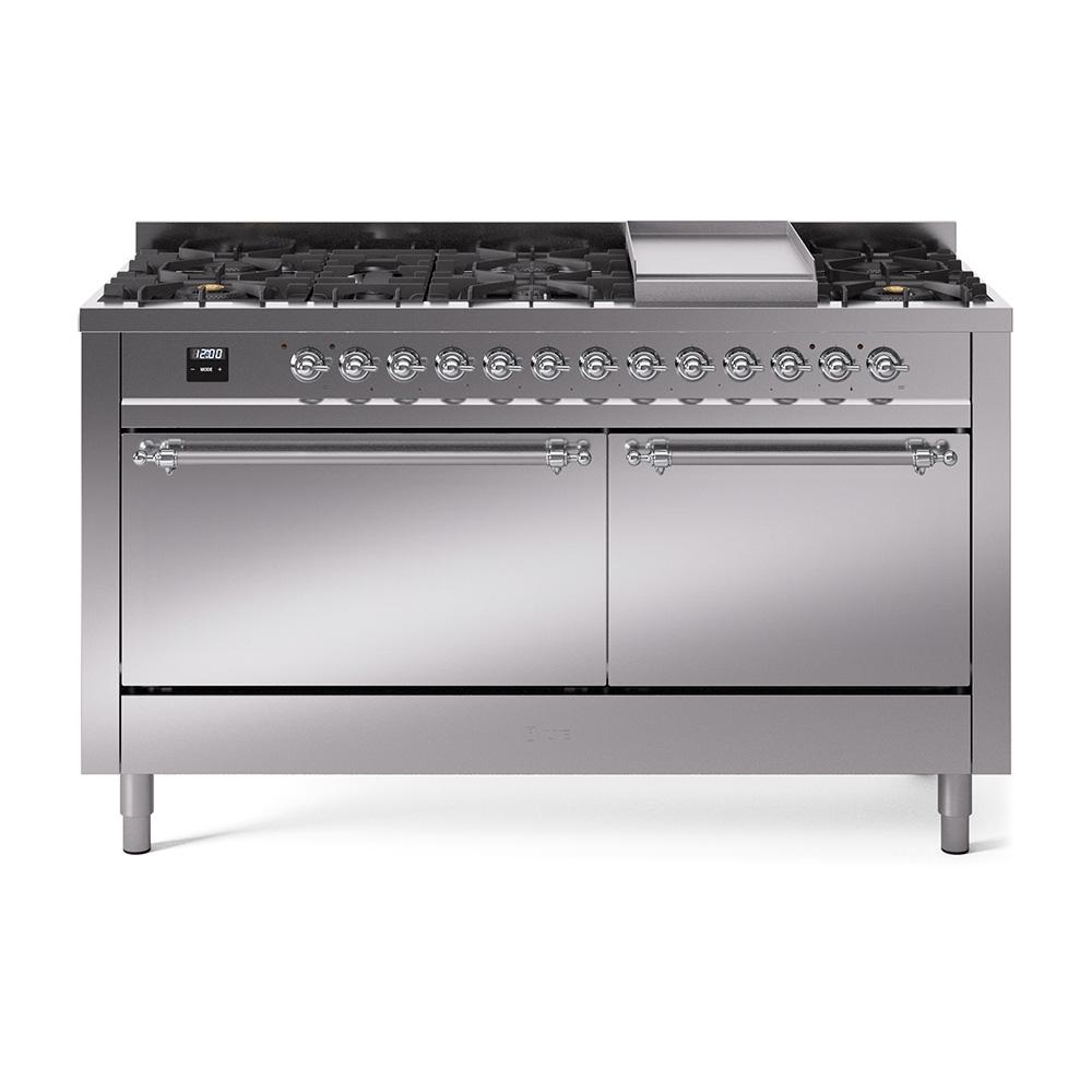 ILVE Nostalgie II 60 UP60FQNMPSSC Freestanding Dual Fuel Range with 9 Sealed Burners Yes Double Oven with Solid Door in Stainless Steel with Chrome knobs