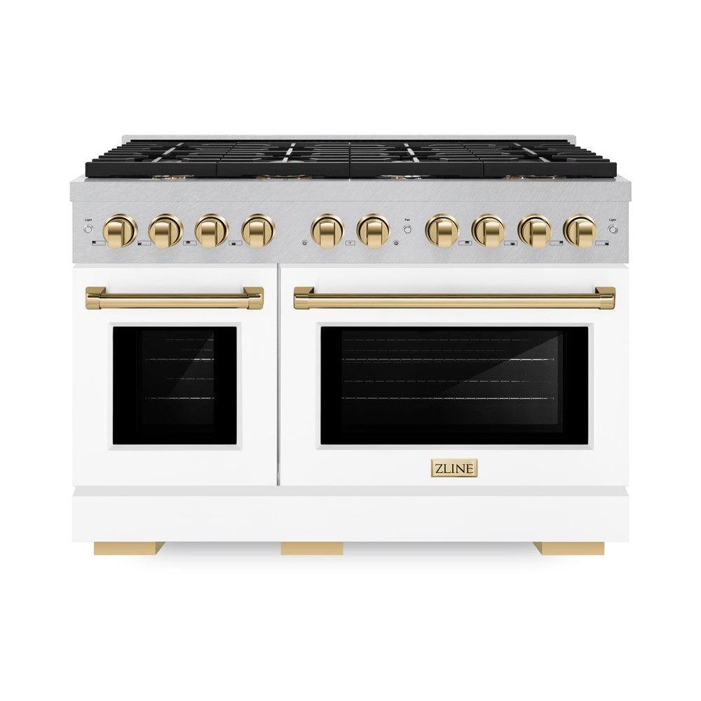 ZLINE Autograph Edition 48 in. 6.7 cu. ft. Paramount Double Oven Dual Fuel Range with 8 Burner Gas Cooktop in DuraSnow' Stainless Steel with White Matte Doors and Polished Gold Accents (SDRSZ-WM-48-G)