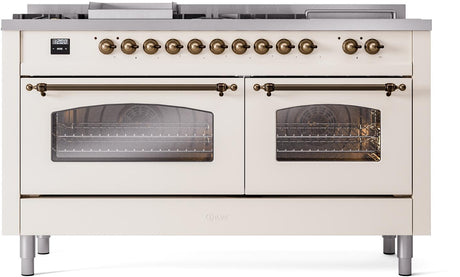 Nostalgie II 60 Inch Dual Fuel Natural Gas Freestanding Range in Antique White with Bronze Trim