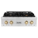 ZLINE Autograph Edition 30" Porcelain Rangetop with 4 Gas Burners in Fingerprint Resistant Stainless Steel and Polished Gold Accents (RTSZ-30-G)