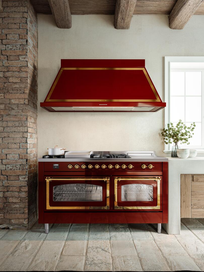 Nostalgie II 60 Inch Dual Fuel Natural Gas Freestanding Range in Burgundy with Copper Trim