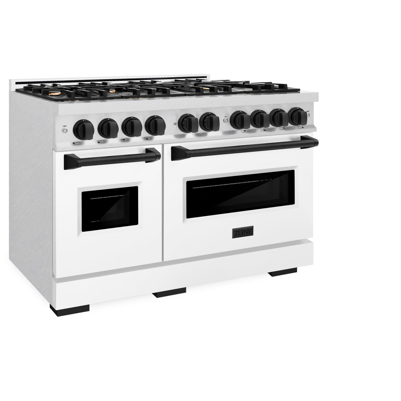 ZLINE Autograph Edition 48 in. 6.7 cu. ft. Classic Double Oven Gas Range with 8 Burner Cooktop in DuraSnow' Stainless Steel with White Matte Doors and Matte Black Accents (CGRSZ-WM-48-MB)