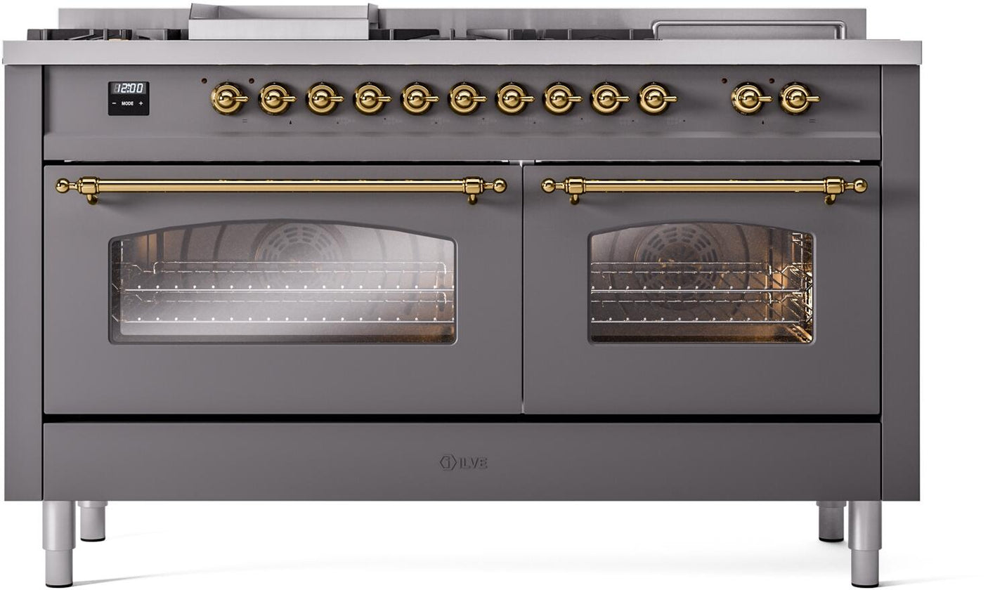 Nostalgie II 60 Inch Dual Fuel Natural Gas Freestanding Range in Matte Graphite with Brass Trim