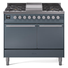 ILVE Professional Plus II 40 UPD40FQMPBG Freestanding Dual Fuel Range with 6 Sealed Burners Yes Double Oven with Solid Door in Blue Grey with Stainless Steel knobs