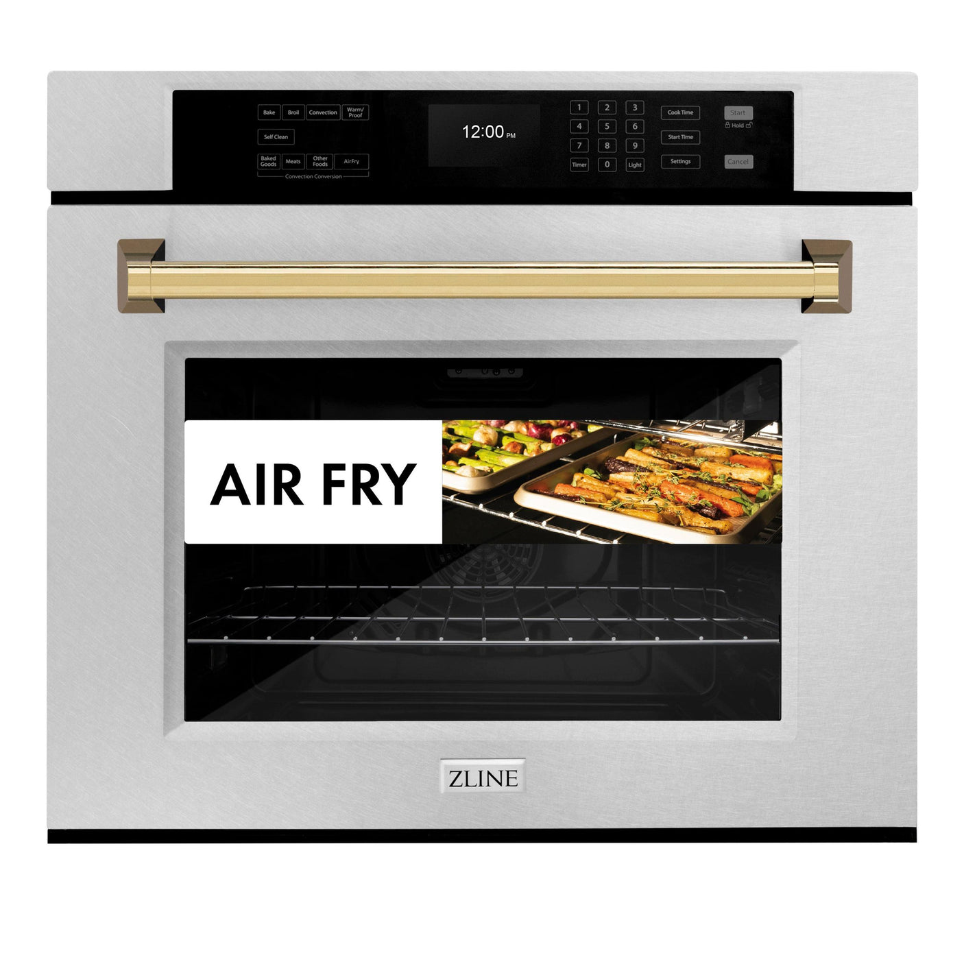 ZLINE 30 in. Autograph Edition Professional True Convection Single Wall Oven with Air Fry and Self Clean in DuraSnow' Stainless Steel with Polished Gold Handle (WASSZ-30-G)