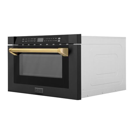 ZLINE Autograph Edition 24" 1.2 cu. ft. Built-in Microwave Drawer in Black Stainless Steel and Polished Gold Accents (MWDZ-1-BS-H-G)