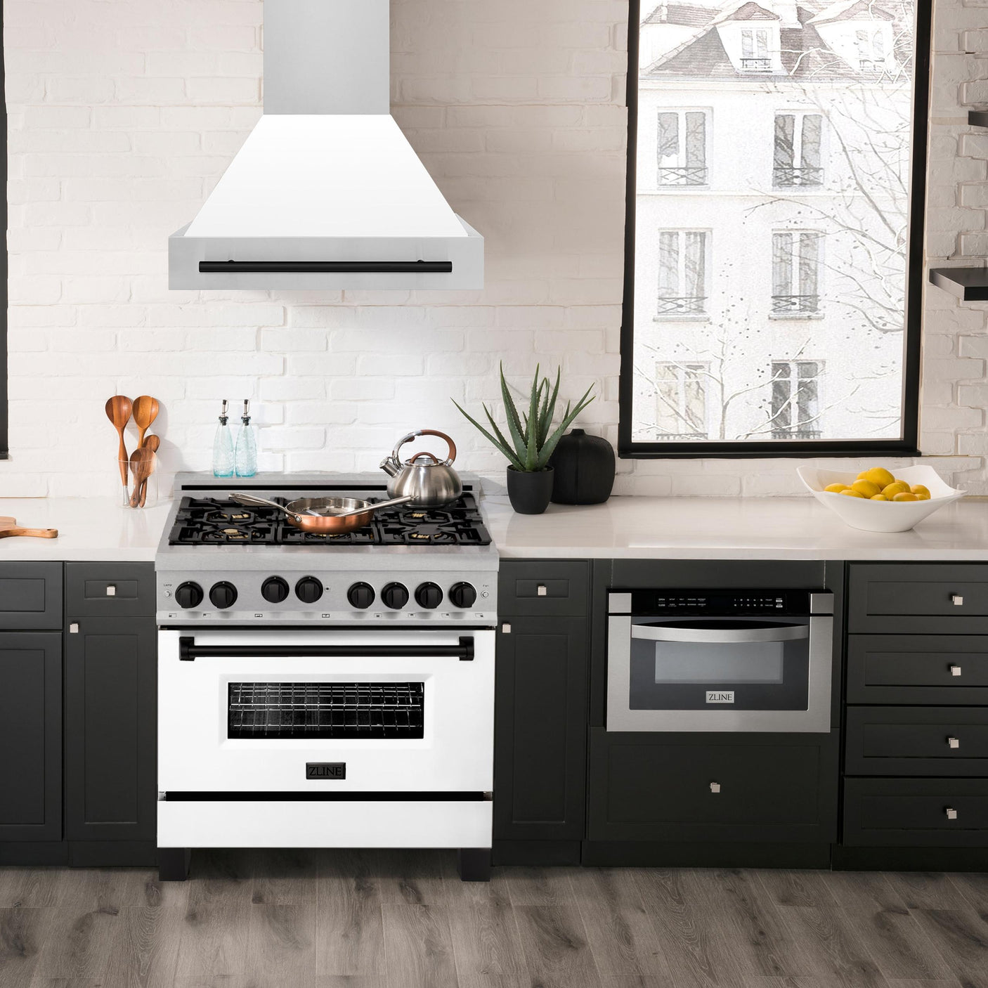 ZLINE 36" 4.6 cu. ft. Range with Gas Stove and Gas Oven in DuraSnow® Stainless Steel with White Matte Door and Accents (RGSZ-WM-36) [Accent: Champagne Bronze]