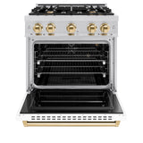 ZLINE Autograph Edition 30 in. 4.2 cu. ft. Classic Gas Range with 4 Burner Cooktop and Convection Gas Oven in DuraSnow' Stainless Steel with White Matte Door and Polished Gold Accents (CGRSZ-WM-30-G)