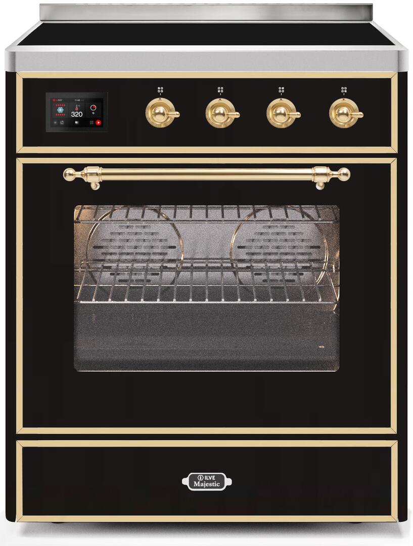 Majestic II 30 Inch Electric Freestanding Range in Glossy Black with Brass Trim