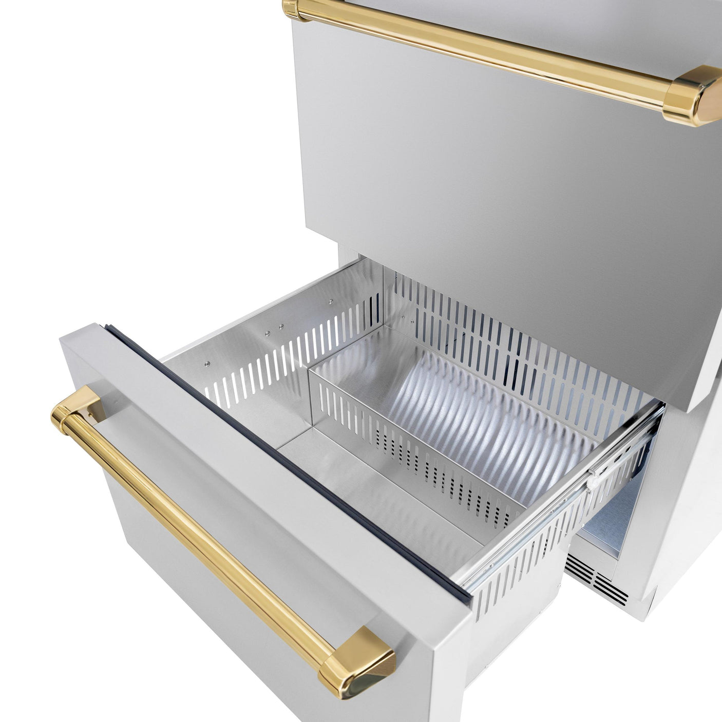 ZLINE Autograph Edition 24 in. Touchstone 168 Can Outdoor-Rated Dual Refrigerator Drawer with Stainless Steel Doors and Polished Gold Handles (RDSOZ-ST-24-G)