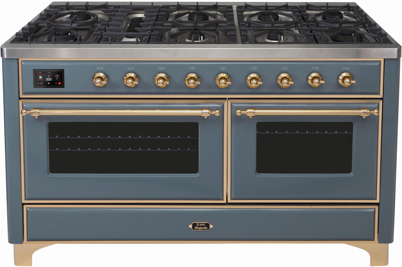 Majestic II 60 Inch Dual Fuel Natural Gas Freestanding Range in Blue Grey with Brass Trim