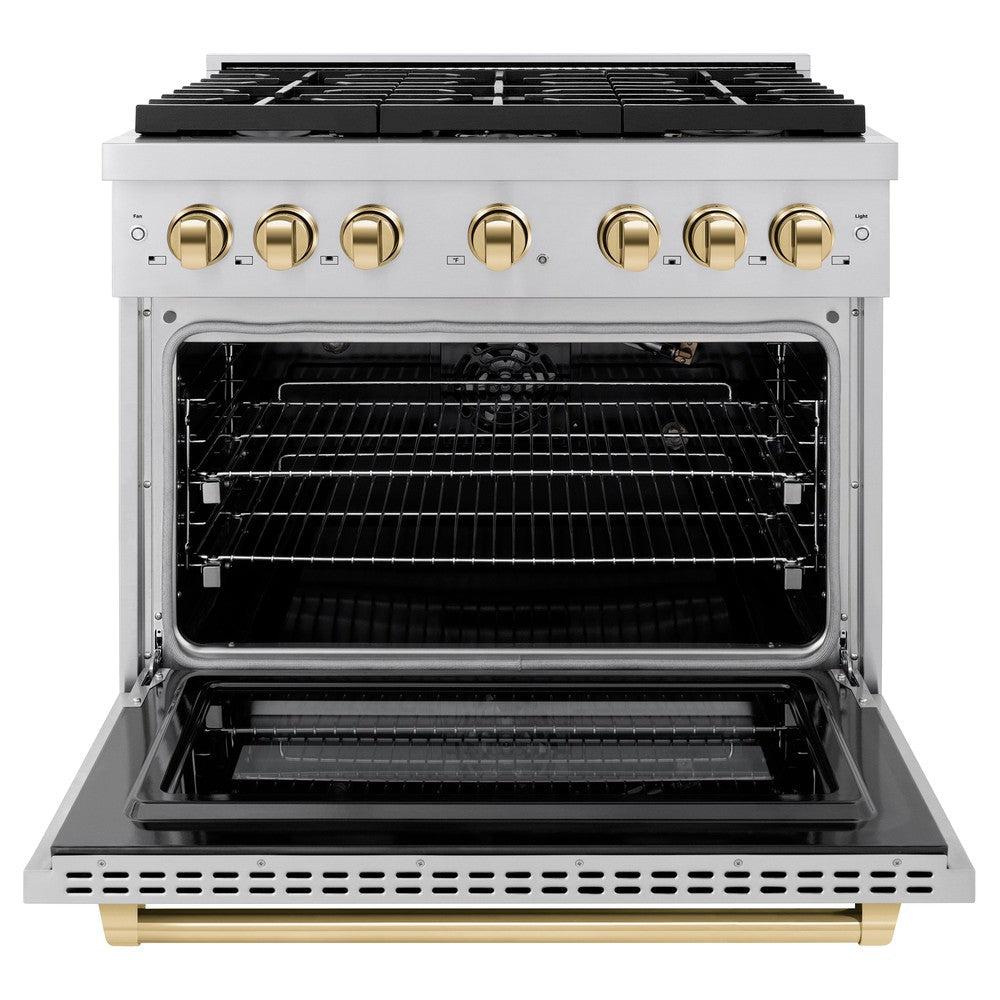 ZLINE Autograph Edition 36 in. 5.2 cu. ft. Paramount Dual Fuel Range with 6 Burner Gas Cooktop and Electric Convection Oven in Stainless Steel with Polished Gold Accents (SDRZ-36-G)