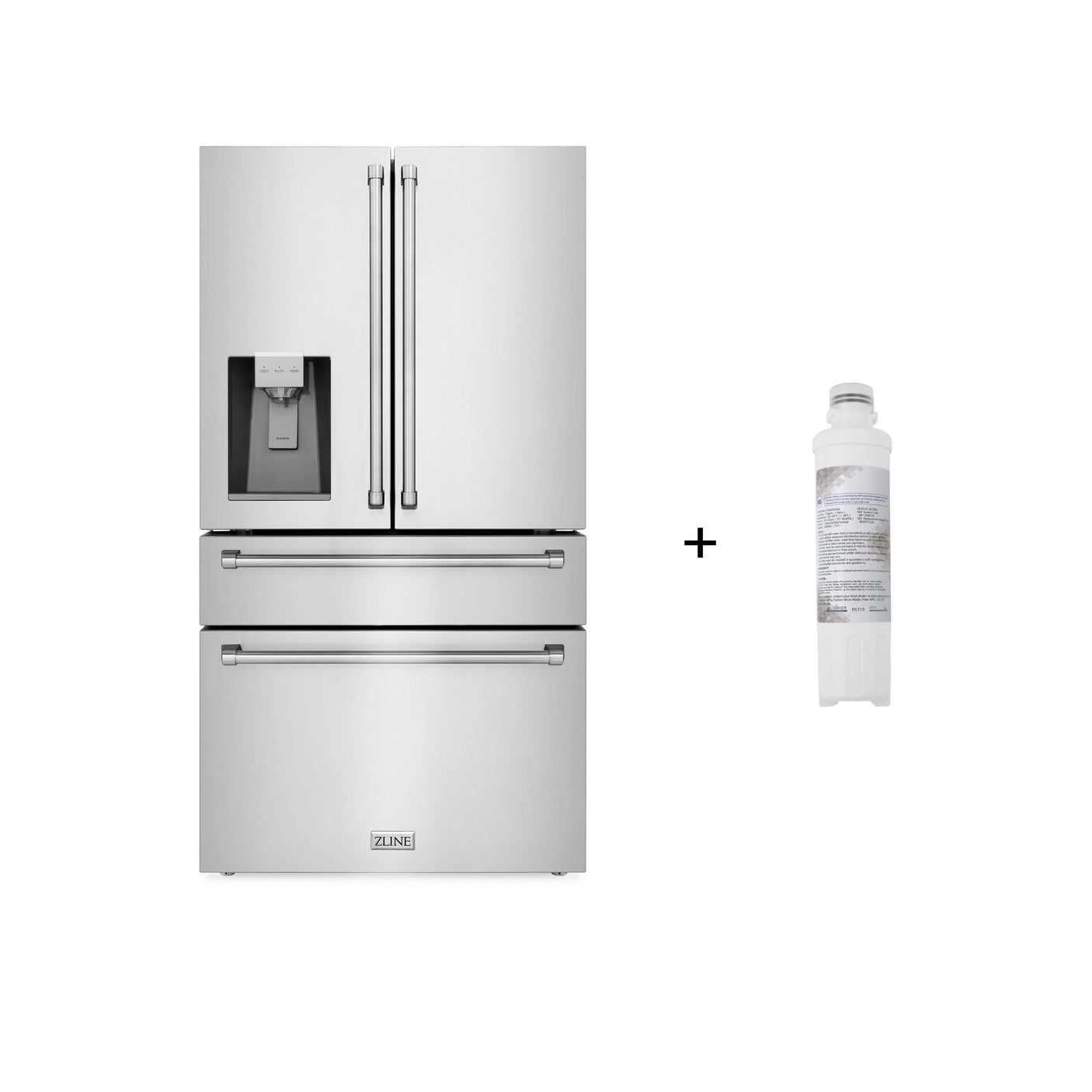 ZLINE 36" 21.6 cu. ft. 4-Door French Door Refrigerator with Water and Ice Dispenser and Water Filter in Fingerprint Resistant Stainless Steel (RFM-W-WF-36)