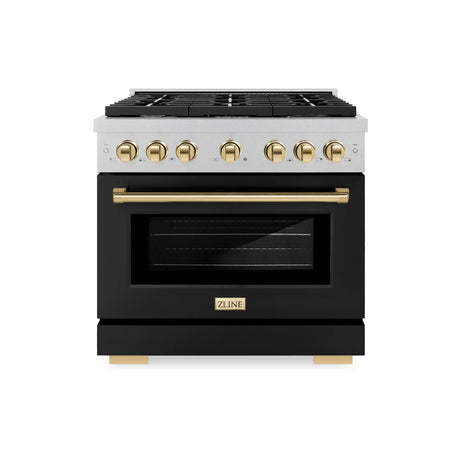 ZLINE Autograph Edition 36 in. 5.2 cu. ft. Paramount Gas Range with 6 Burner Cooktop and Convection Gas Oven in DuraSnow' Stainless Steel with Black Matte Door and Polished Gold Accents (SGRSZ-BLM-36-G)