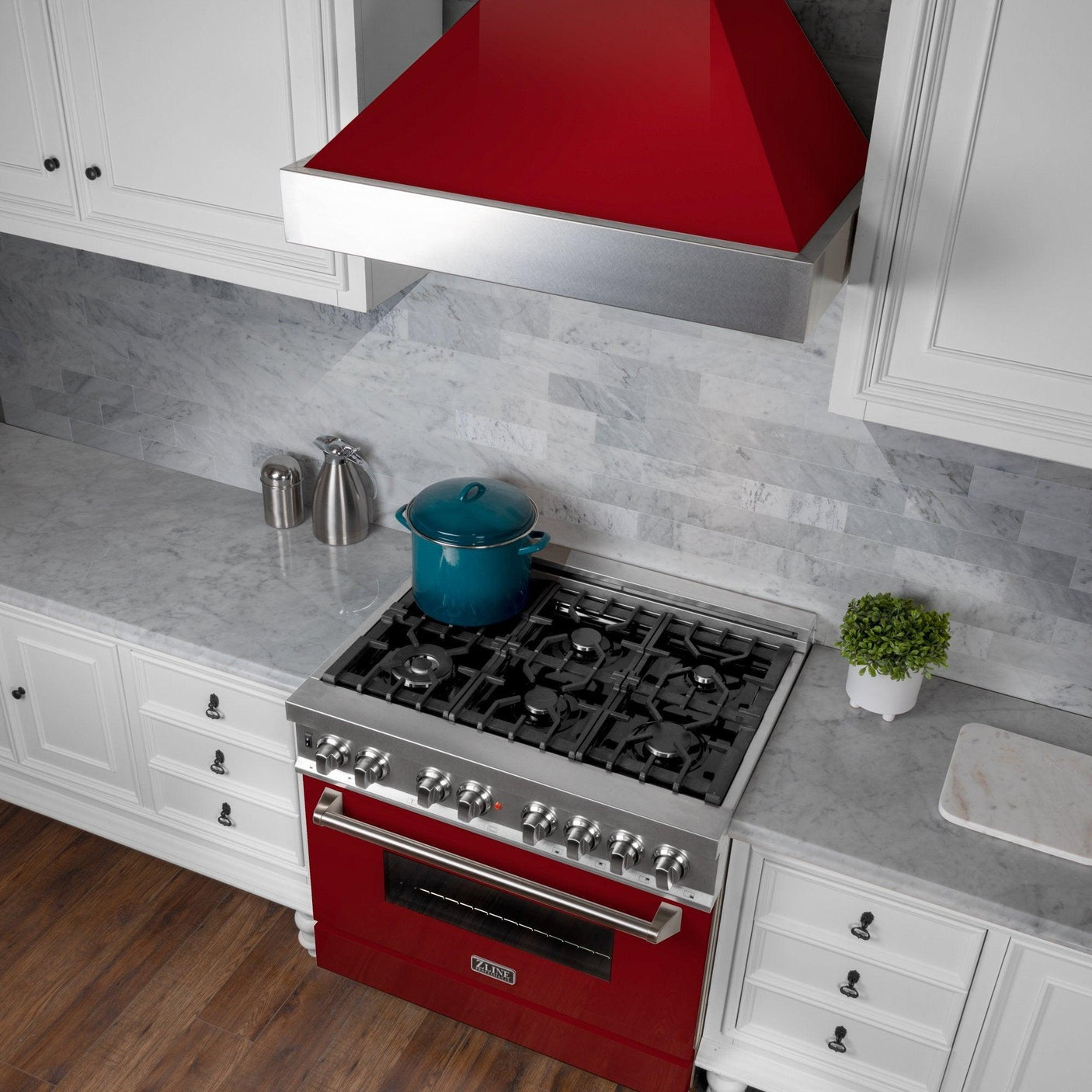 ZLINE Ducted DuraSnow Stainless Steel Range Hood with Red Gloss Shell (8654RG)