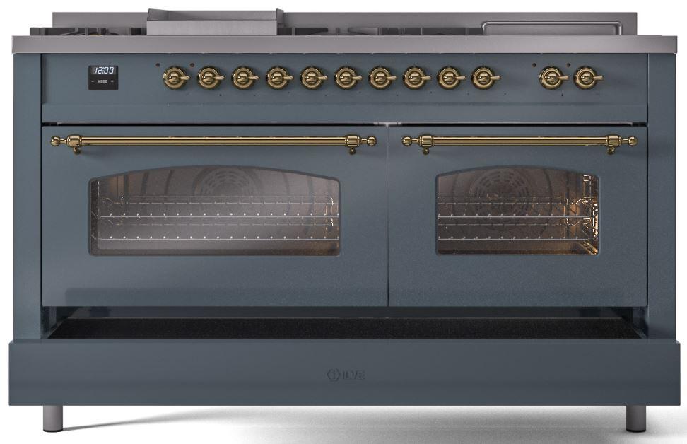 Nostalgie II 60 Inch Dual Fuel Natural Gas Freestanding Range in Blue Grey with Brass Trim