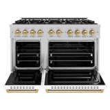 ZLINE Autograph Edition 48 in. 6.7 cu. ft. Classic Double Oven Dual Fuel Range with 8 Burner Gas Cooktop in DuraSnow' Stainless Steel with White Matte Doors and Champagne Bronze Accents (CDRSZ-WM-48-CB)