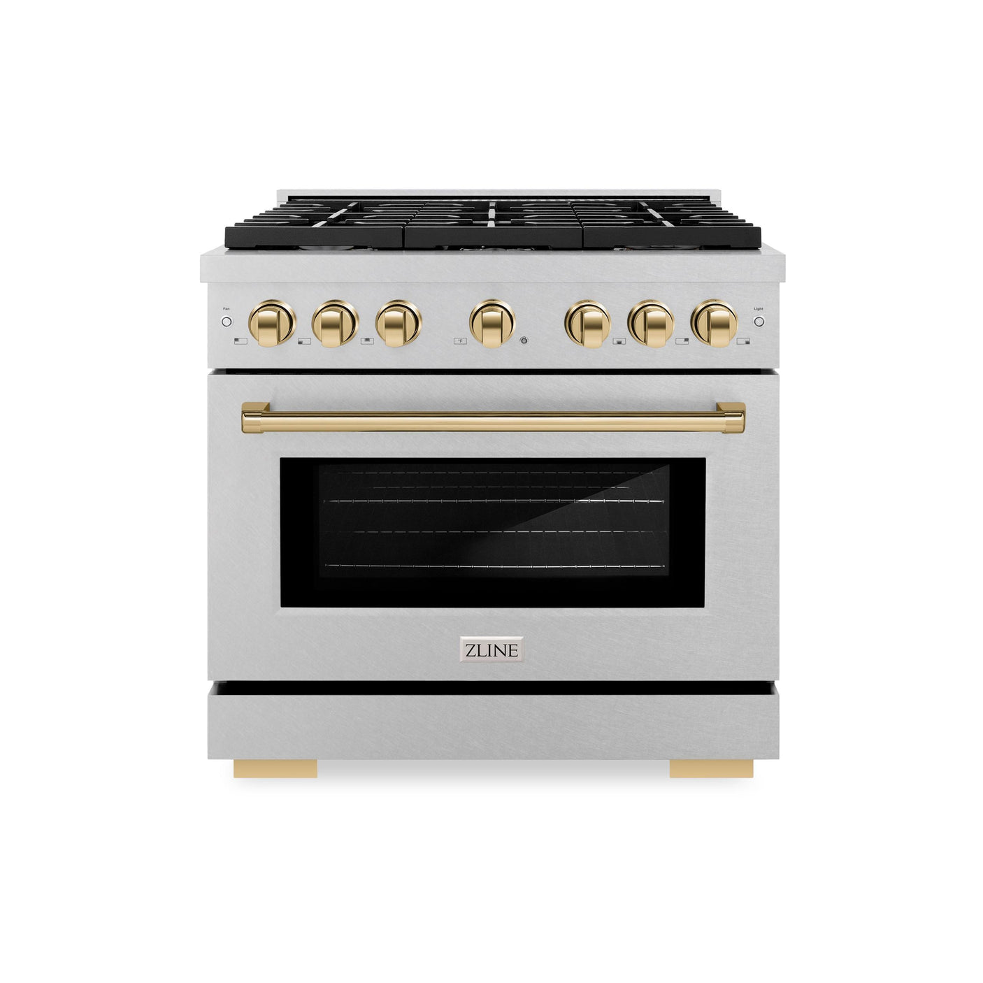 ZLINE Autograph Edition 36 in. 5.2 cu. ft. 6 Burner Gas Range with Convection Gas Oven in DuraSnow' Stainless Steel and Polished Gold Accents (SGRSZ-36-G)