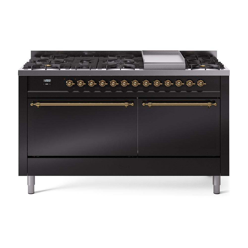 ILVE Nostalgie II 60 UP60FQNMPBKG Freestanding Dual Fuel Range with 9 Sealed Burners Yes Double Oven with Solid Door in Glossy Black with Brass knobs