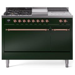 ILVE Nostalgie II 48 UP48FSQNMPEGP Freestanding Dual Fuel Range with 5 Sealed Burners Yes and French Top Double Oven with Solid Door in Emerald Green with Copper knobs