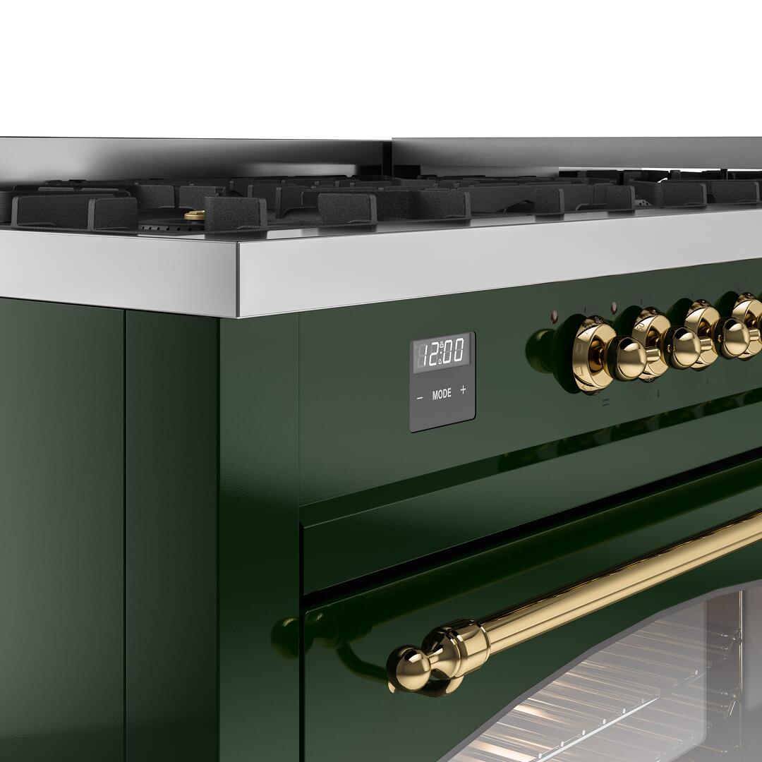 Nostalgie II 60 Inch Dual Fuel Natural Gas Freestanding Range in Emerald Green with Brass Trim