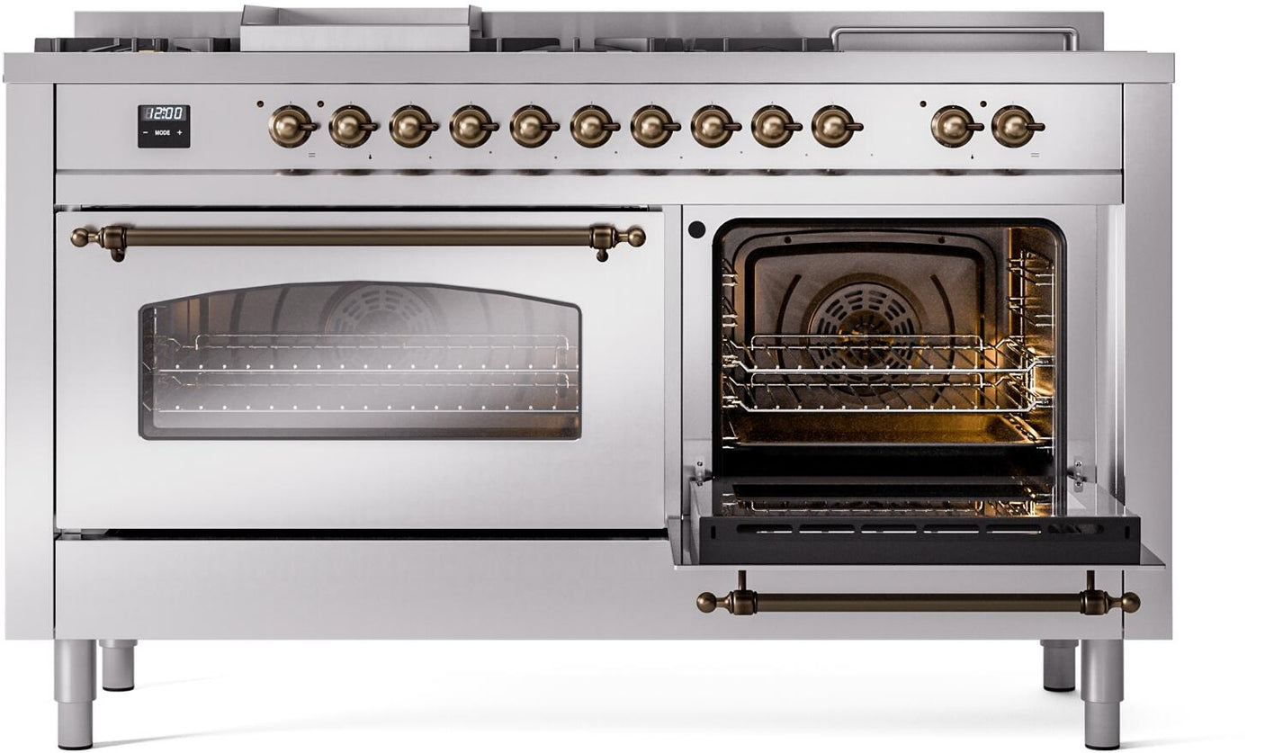 Nostalgie II 60 Inch Dual Fuel Liquid Propane Freestanding Range in Stainless Steel with Bronze Trim