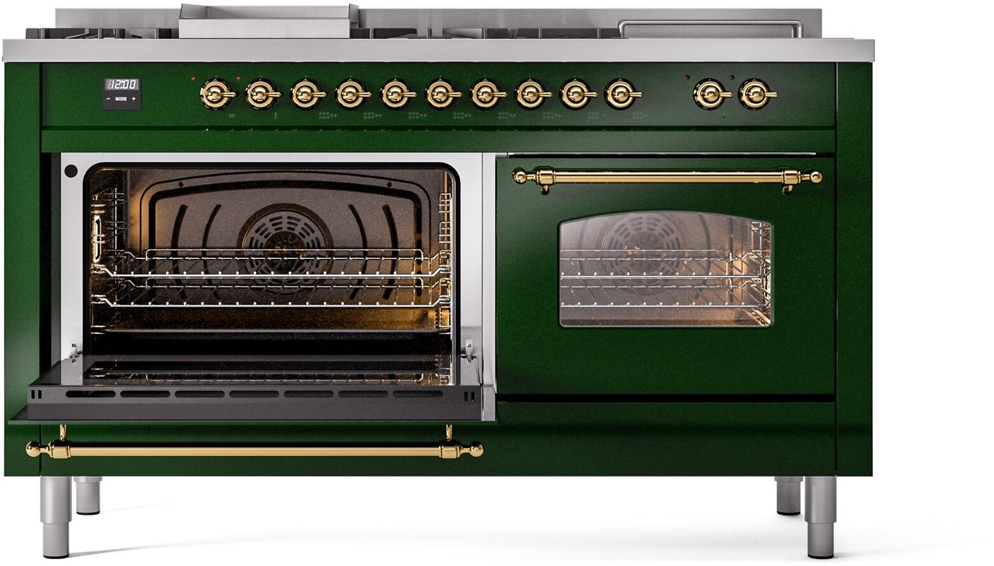 Nostalgie II 60 Inch Dual Fuel Natural Gas Freestanding Range in Emerald Green with Brass Trim