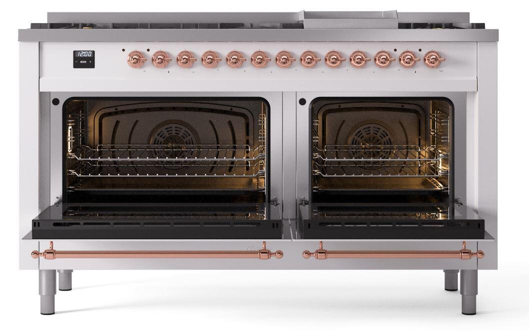 Nostalgie II 60 Inch Dual Fuel Natural Gas Freestanding Range in White with Copper Trim