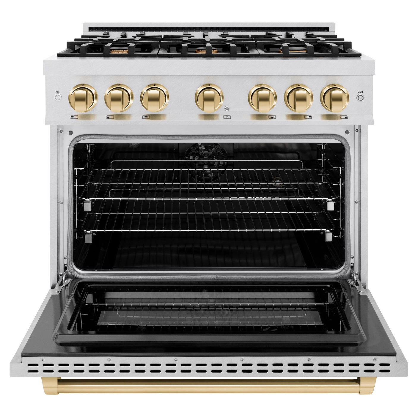 ZLINE Autograph Edition 36 in. 5.2 cu. ft. Select Dual Fuel Range with 6 Burner Gas Cooktop and Electric Convection Oven in DuraSnow' Stainless Steel with Polished Gold Accents (HDRSZ-36-G)