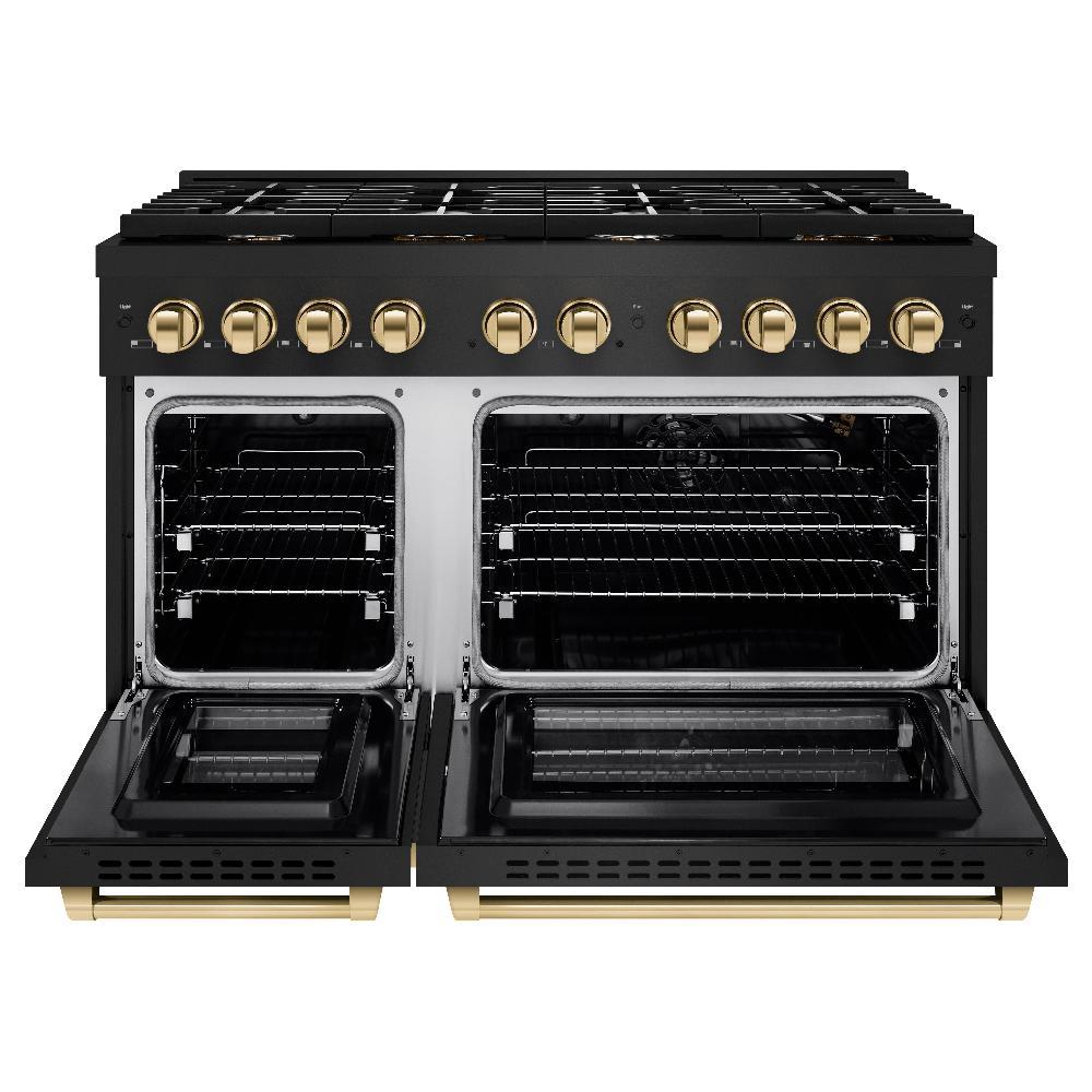 ZLINE Autograph Edition 48 in. 6.7 cu. ft. Paramount Double Oven Dual Fuel Range with 8 Burner Gas Cooktop in Black Stainless Steel and Polished Gold Accents (SDRBZ-48-G)