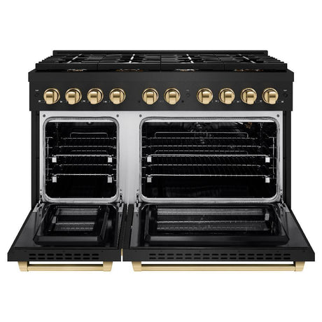 ZLINE Autograph Edition 48 in. 6.7 cu. ft. Paramount Double Oven Dual Fuel Range with 8 Burner Gas Cooktop in Black Stainless Steel and Polished Gold Accents (SDRBZ-48-G)