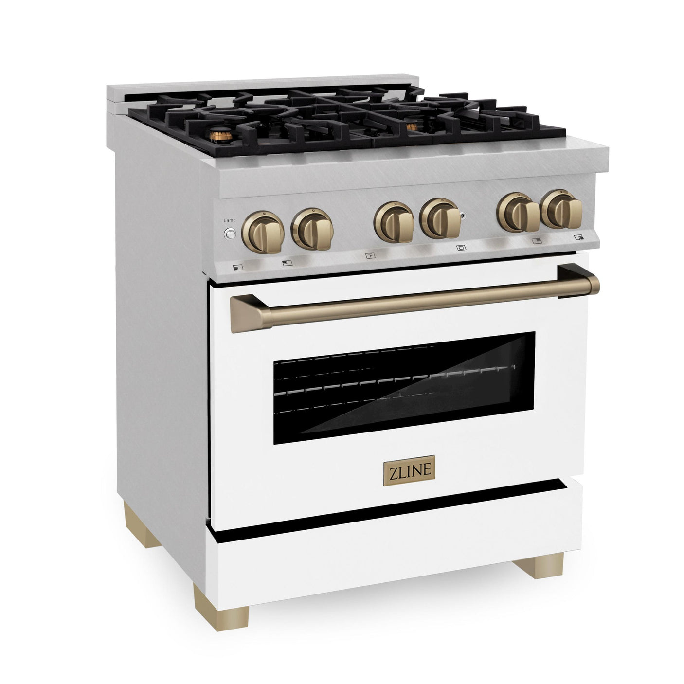 ZLINE Autograph Edition 30" 4.0 cu. ft. Dual Fuel Range with Gas Stove and Electric Oven in DuraSnow Stainless Steel with White Matte Door and Accents (RASZ-WM-30) [Color: Champagne]