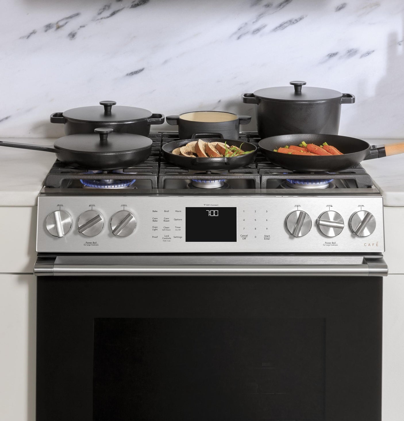 Café™ 30" Smart Slide-In, Front-Control, Gas Range with Convection Oven in Platinum Glass