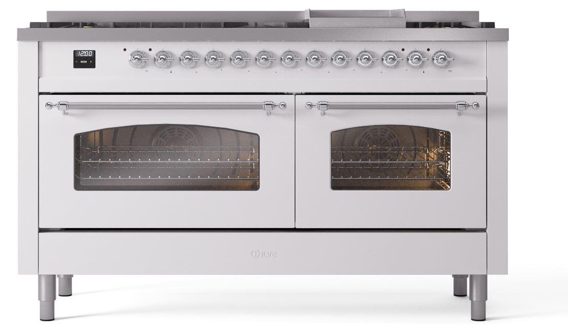 Nostalgie II 60 Inch Dual Fuel Liquid Propane Freestanding Range in White with Chrome Trim