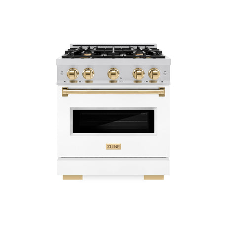 ZLINE Autograph Edition 30 in. 4.2 cu. ft. Classic Gas Range with 4 Burner Cooktop and Convection Gas Oven in DuraSnow' Stainless Steel with White Matte Door and Polished Gold Accents (CGRSZ-WM-30-G)