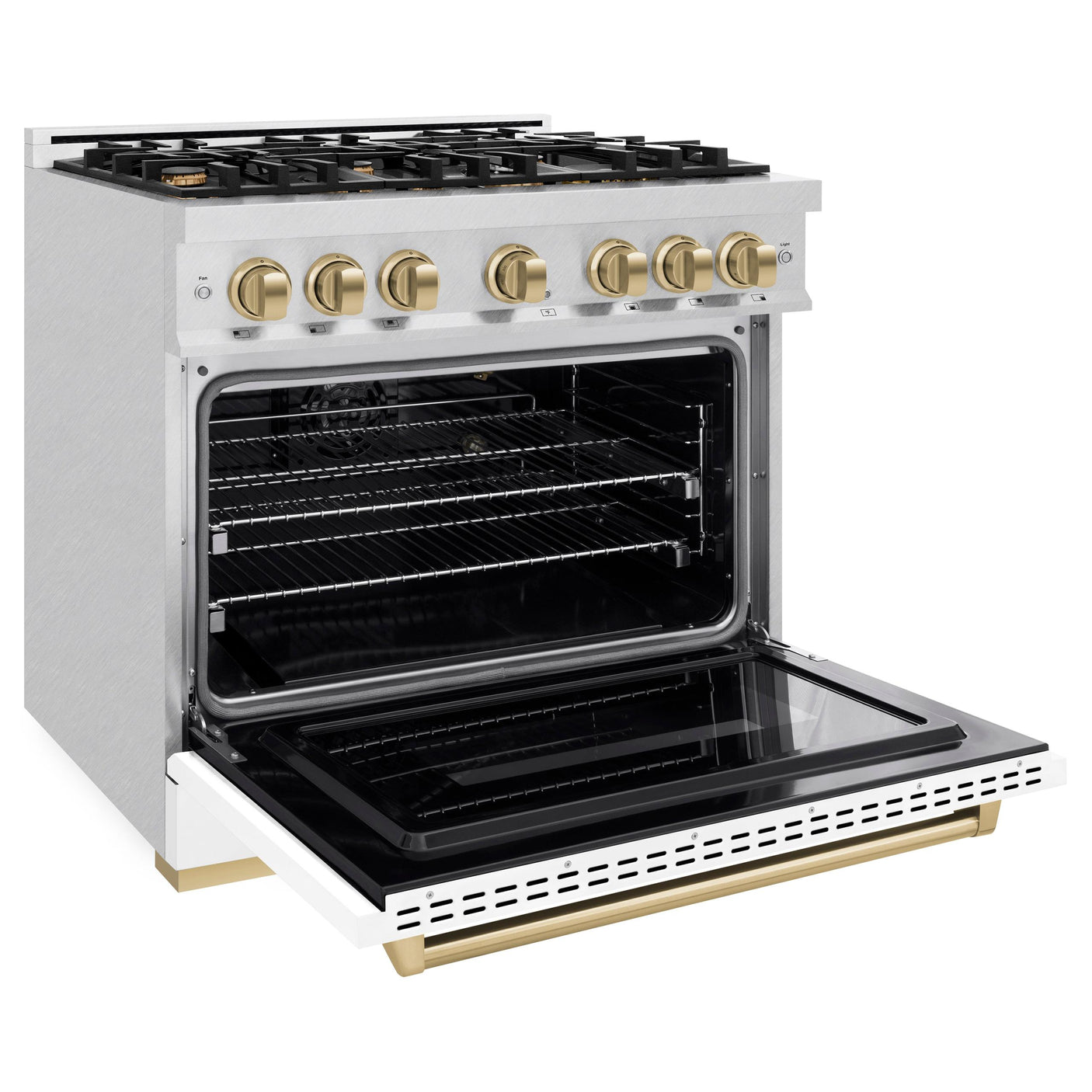 ZLINE Autograph Edition 36 in. 5.2 cu. ft. Classic Gas Range with 6 Burner Cooktop and Convection Gas Oven in DuraSnow' Stainless Steel with White Matte Door and Champagne Bronze Accents (CGRSZ-WM-36-CB)