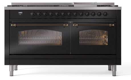 Nostalgie II 60 Inch Dual Fuel Liquid Propane Freestanding Range in Glossy Black with Bronze Trim