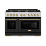 ZLINE Autograph Edition 48 in. 6.7 cu. ft. Paramount Double Oven Gas Range with 8 Burner Cooktop in Stainless Steel with Black Matte Doors and Polished Gold Accents (SGRZ-BLM-48-G)