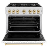 ZLINE Autograph Edition 36 in. 5.2 cu. ft. Classic Gas Range with 6 Burner Cooktop and Convection Gas Oven in DuraSnow' Stainless Steel with White Matte Door and Polished Gold Accents (CGRSZ-WM-36-G)